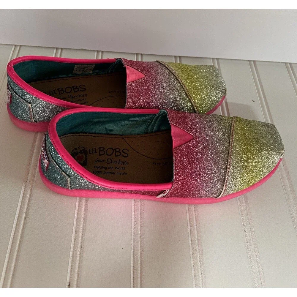Skechers BOBS Glitter Bug Slip On Shoes Big Kid Sz 3 Sparkle Comfort Flats Pink